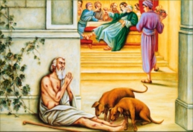 Cachorros lambendo Lázaro e o rico em um banquete