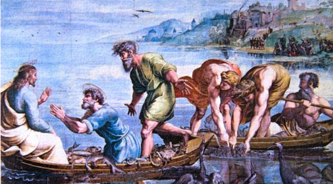 Pedro caindo de Joelhos para Jesus, enquanto seu amigos recolhem as redes cheias